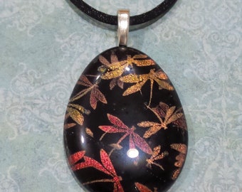 Dragonfly Necklace, Orange Dichroic Dragonflies, Black Fused Glass Pendant, Handmade Jewelry, Summer Gift, Only One - Delicate Wings