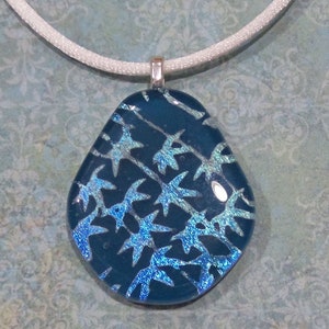 Teal Blue Teardrop Pendant, Teal Blue Necklace with Blue Dichroic Accents, Fused Glass Jewelry Gift for Her, Fast Shipping- Ramsey -9