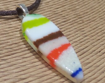 Striped Fused Glass Pendant, Lime Green, Brown, Orange, Blue, White, Original Glass Art Jewelry, Ready to Ship - Lucky Stripes