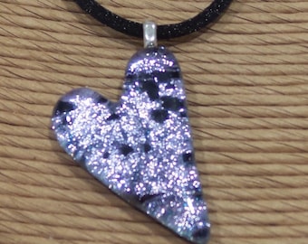 Silver Dichroic Heart Necklace, Fused Glass Pendant, Silver Dichroic with Black Speckles, Sweetheart, Love, Valentine - Always -9