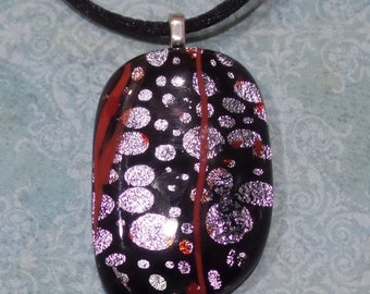 Silver Polka Dot Dichroic Glass Pendant, Red Stripes, Black Silver Red Necklace, Christmas Holiday Gift Idea for Her - Midnight -21