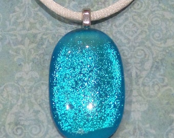 Blue Dichroic Pendant, Aqua Blue, Turquoise Blue, Fused Glass Jewelry, Summer Gift, Sparkly Handmade in Wisconsin, Ready to Ship - Marsha