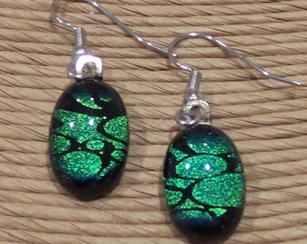 Green Dichroic Earrings, Dangle Earrings, Christmas Gift, Hypoallergenic, Casual Jewelry, Dichroic Fused Glass Jewelry - - 2217-6