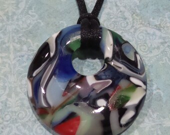 Colorful Fused Glass Pendant, Blue Green Black White Red, Rainbow, Melting Pot, Recycled Glass, Handmade in Wisconsin- Sally