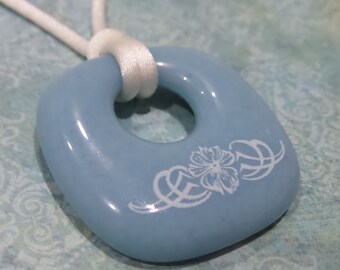 Sky Blue Fused Glass Pendant with White Floral Detail, Pastel Blue Donut Pendant, Powder Blue Fused Glass Jewelry- Andrea