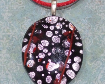 Silver Polka Dot Dichroic Pendant, Red Stripes and Speckles,Gift for Her, Valentine, Dichroic Fused Glass Jewelry- Silver Bullet -20