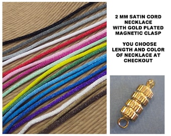 Satin Cord Necklace With GOLD PLATED Magnetic Clasp - Choose the Color (Black, Purple, etc) and Length (14 inch to 34 inch)