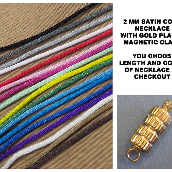 Satin Cord Necklace With GOLD PLATED Magnetic Clasp - Choose the Color (Black, Purple, etc) and Length (14 inch to 34 inch)