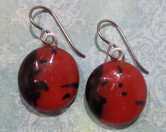 Red Niobium Earring, Red and Black Dangle Earrings, Nickel Free , Sensitive Ears, Hypoallergenic, Fused Glass Jewelry, Valentine- Cheer