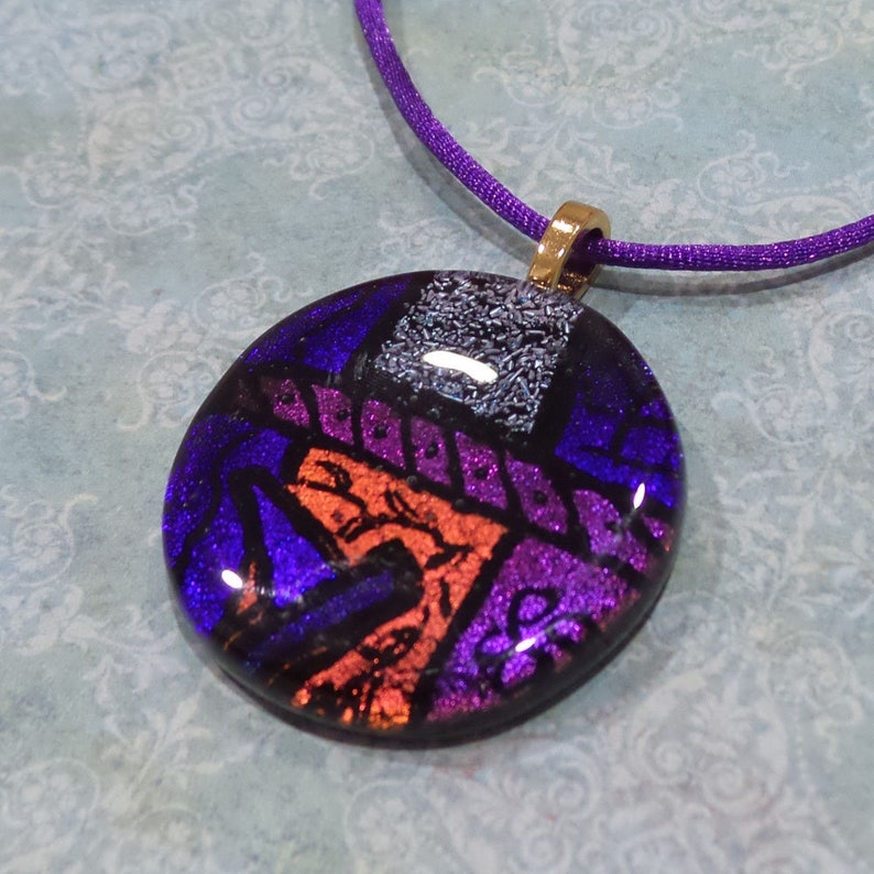 Purple Dichroic Glass Necklace, Orange, Indigo Blue Fused Glass Pendant, Handmade Jewelry, Gift for Her, One of a Kind Deep Passion 8 image 4