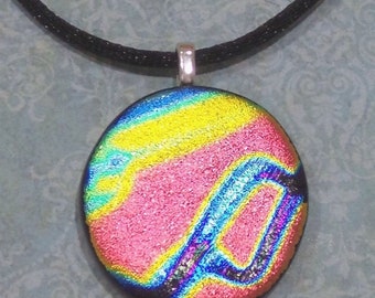 One of a Kind Dichroic Glass Necklace, Orange Yellow Blue, Round Fused Glass Pendant, Eye Catcher, Statement Pendant - Shocking -9