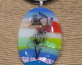 Lily Flower Pendant, Large Fused Glass Art Pendant, Rainbow Striped Omega Slide, Flower Jewelry, Fused Glass Art- Lily Blossoms