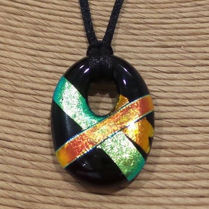 One of a Kind Dichroic Glass Pendant, Oval Donut Pendant, Orange, Green, Black, Fused Glass Pendant, Ready to Ship - Shocker
