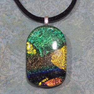 Colorful Dichroic Glass Necklace, Green, Golden Yellow, Orange, Handmade Fused Glass Pendant, Ready To Ship Jewelry - Colorful