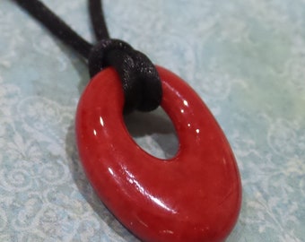 Red Fused Glass Pendant, Valentine, Red Oval Pendant, Small Donut Necklace, Fused Glass Jewelry, Ready to Ship - Cherry Fairy