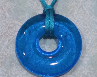 Turquoise Blue Donut Pendant, Transparendt Blue Fused Glass Necklace, Handmade Jewelry, Reay to Ship, Fused Glass Jewelry - Tara