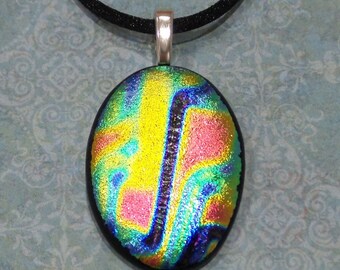 Colorful Dichroic Glass Pendant, Bright Orange, Gold, Royal Blue, Green, Fused Glass Jewelry, Omega Pendant- Tropical Delight