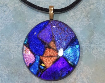 Large One of a Kind Dichroic Glass Necklace, Purple Blue Orange Dichroic Pendant, Fused Glass Jewelry, Handmade - Carnical Time -20