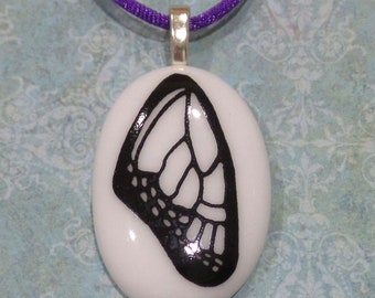 Butterfly Necklace, White and Black Fused Glass Pendant, Monarch Butterfly, trendy, Symbol of Beauty, Gift for Her, Oval- Butterfly