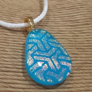 Turquoise Blue Fused Glass Pendant, Golden Orange Dichroic Glass Necklace, Omega Slide, One of a Kind Fused Jewelry, Ready to Ship- Fitz-9