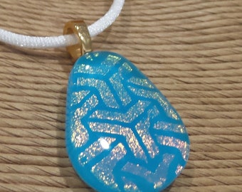 Turquoise Blue Fused Glass Pendant, Golden Orange Dichroic Glass Necklace, Omega Slide, One of a Kind Fused Jewelry, Ready to Ship- Fitz-9