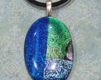 Green Blue and Silver Dichroic Glass Pendant, One of a Kind Oval Fused Glass Necklace, Handmade Jewelry Gift for Mom - Shimmer and Shine