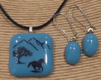Horse Necklace with Matching Blue Earrings, Horse, Mountains, Tree, Dusty Blue Fused Glass Jewelry - Galloping Thru the Mountains -9