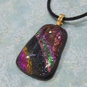 Colorful Dichroic Necklace, Purple Pink Green Copper, Fused Glass Pendant, Autumn Handmade Jewelry, Ready to Ship - Beatrice