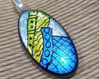 Dichroic Fused Glass Pendant, Yellow, Blue Dicro Necklace, Fused Glass Jewelry, Hand Etched Design, One of a Kind- Mini Artists