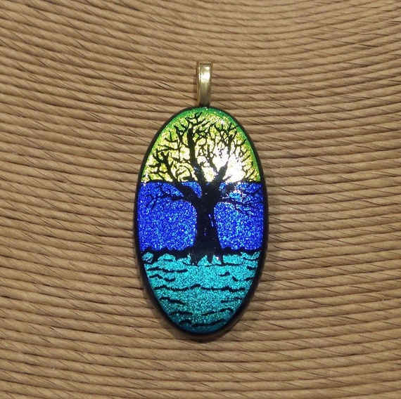Glassadazical Gorgeously Green Tree of Life Dichroic Glass Pendant