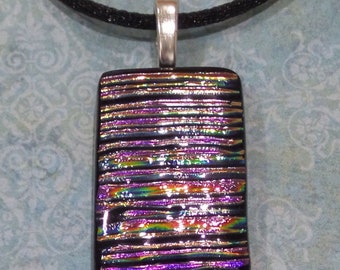 Purple Stripes Dichroic Necklace, Autumn, Purple Orange Green, Fused Glass Pendant, Gift for Girl, Handmade- Elegant Lines -20