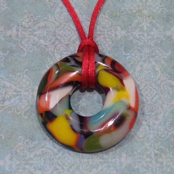 Large Fused Glass Pendant, Round Colorful Donut Necklace, Orange, Yellow, Green, Blue, Handmade Jewelry, Ready to Ship- Against All Odds -8