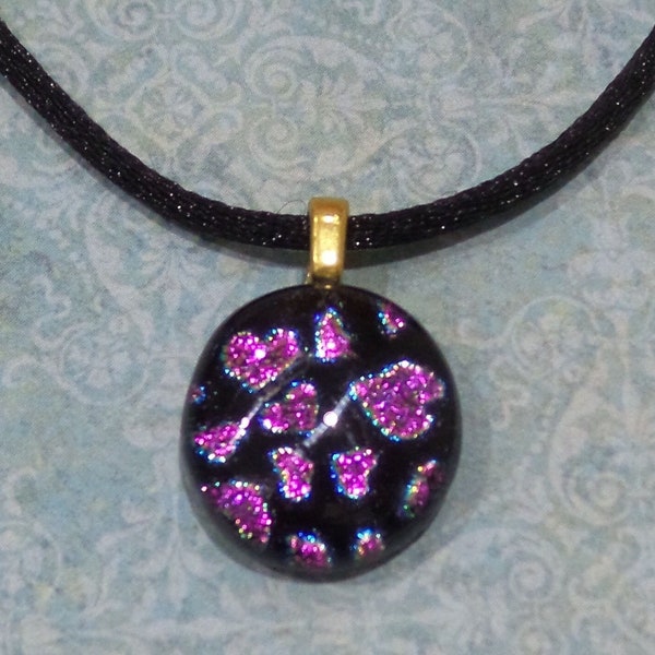 Small Pink Dichroic Pendant, Valentine, Pink Heart Pattern, Fused Glass Pendant, Tiny Dichroic Necklace, Ready to Ship - Sweet Love - 20