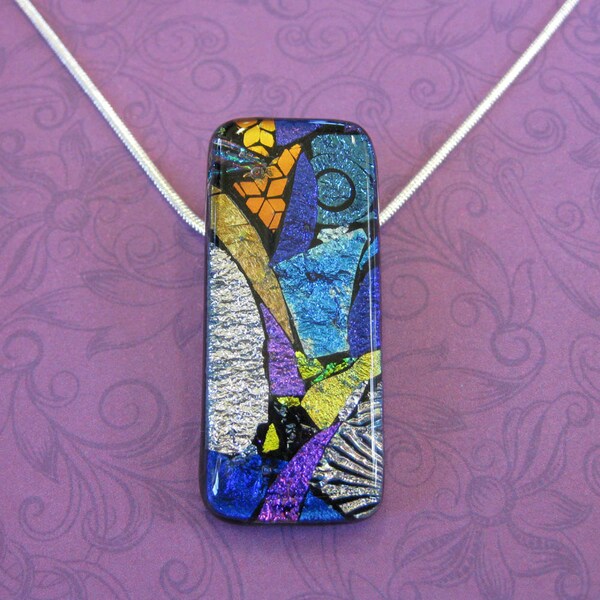 One of a Kind Necklace, Colorful Dichroic Fused Glass, Silver, Orange, Aqua, Purple, Royal Blue -Vivienne -4698-5