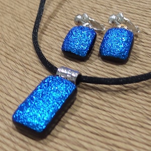 Blue Dichroic Glass Jewelry Set, Pendant and Earring Set, Blue Necklace and Clip Earrings Set, Blue Fused Glass Jewelry Set - Whalen