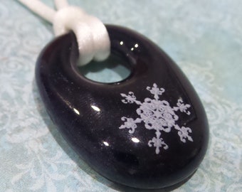 Snowflake Necklace, Winter, Dark Blue Donut Pendant, Midnight Blue Fused Glass Pendant, Christmas Jewelry, Ready to Ship - Snowflake