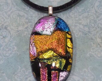 One of a Kind Dichroic Pendant, Orange Pink Gold Blue, Gorgeous Colorful Handmade Fused Glass Jewelry, Sparkly - Adele -20