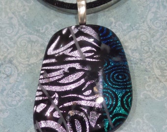 Silver and Green Dichroic Pendant, Fused Glass Jewelry, Handmade in Wisconsin, Zebra Print Dicro, Green Circles - Gratitude -20