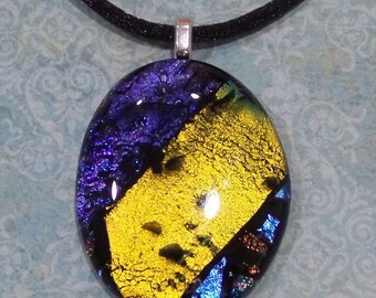 Purple Gold and Blue Dichroic Necklace, Oval, Golden Dicro, Fused Glass Pendant, Striped, Gift for Wife, Fast Shipping- Bree