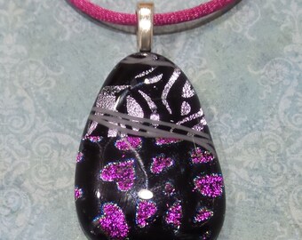 Pink Heart Dichroic, Silver Dichroic Glass Pendant, Pink Silver and Black Necklace Slide, Fused Glass Jewelry, Gift for Her - Lesia -2