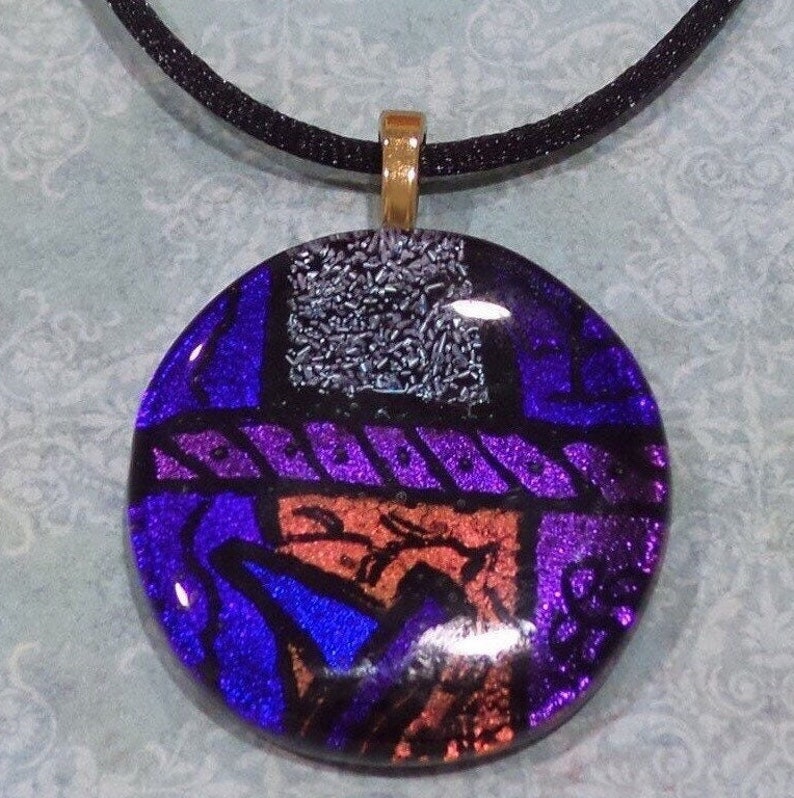 Purple Dichroic Glass Necklace, Orange, Indigo Blue Fused Glass Pendant, Handmade Jewelry, Gift for Her, One of a Kind Deep Passion 8 image 1