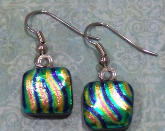 Striped Dichroic Earrings, Rainbow Dichroic, Blue Green Yellow Orange Pink, Fused Glass Drop Earrings, Sparkly Jewelry - Roselyn -9