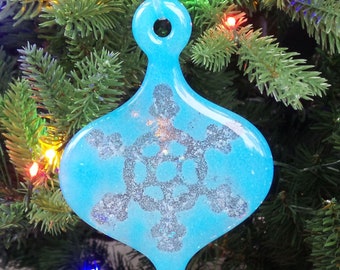 Snowflake Ornament, Christmas Ornament, Turquoise Blue Fused Glass Ornament, Dichroic Accents, One of a Kind - Snowflake Ornament -8