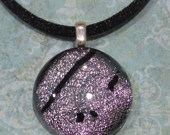 Trendy Silver Dichroic Necklace, Sparkly Silver Dichroic Pendant with Black Accents, Fused Glass, Gift for Girl, Simple, Christmas- Shashi