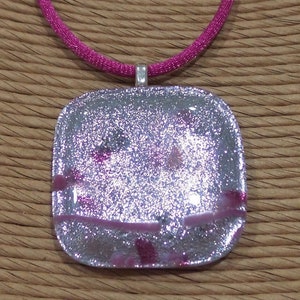 Silver Dichroic Glass Pendant with Pink Stripes and Accents, Sparkly Fused Glass Necklace, Ready to Ship Jewelry Gift for Her - Sere -9