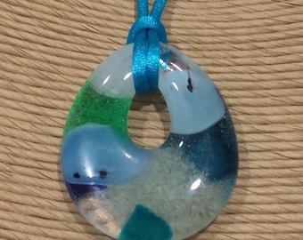 Blue and Green Teardrop Pendant, Fused Glass Necklace, Teal Blue, Baby Blue, Transparent and Green, Donut Pendant, Handmade- Cami