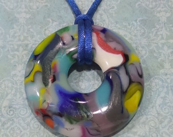 Colorful Donut Pendant, Large Fused Glass Necklace, Blue, Green, White, Red, Gray, Handmade Jewelry - Stormy Weather