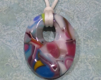 Oval Fused Glass Necklace, Colorful, Pink, Blue, White, Ready to Ship, One of a kind, Handmade Fused Glass Jewelry - Divine