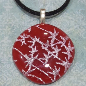Red Necklace with Silver Blue Dichroic, Fused Glass Pendant, Christmas Holiday, Handmade Jewelry - Scarlett -21