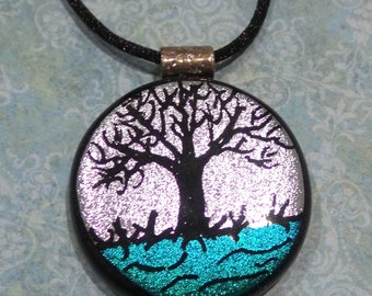Hand Etched Tree Necklace, Silver and Teal Green Dichroic Necklace, Tree of Life Pendant, Fused Glass Jewelry- Silver Maple